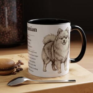 11oz Pomeranian Mug, Illustrated Dog Breed Facts Coffee Mug, Black