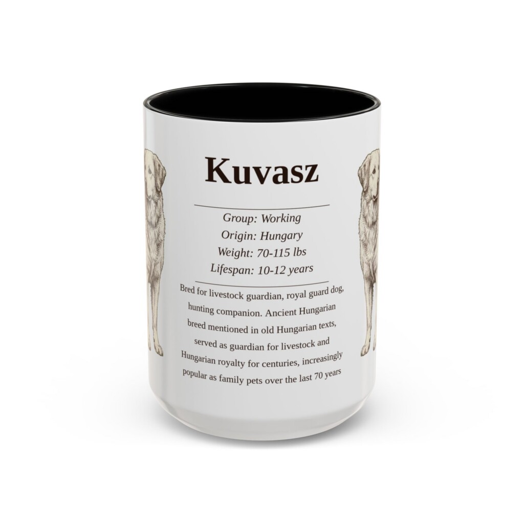 15oz Kuvasz Mug, Illustrated Dog Breed Facts Coffee Mug, Vintage Dog Keepsake Gift
