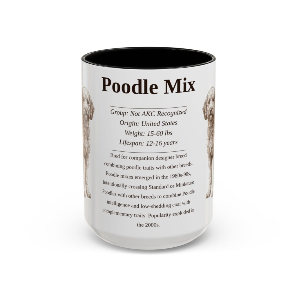 15oz Poodle Mix Mug, Illustrated Dog Breed Facts Coffee Mug, Vintage Dog Keepsake Gift