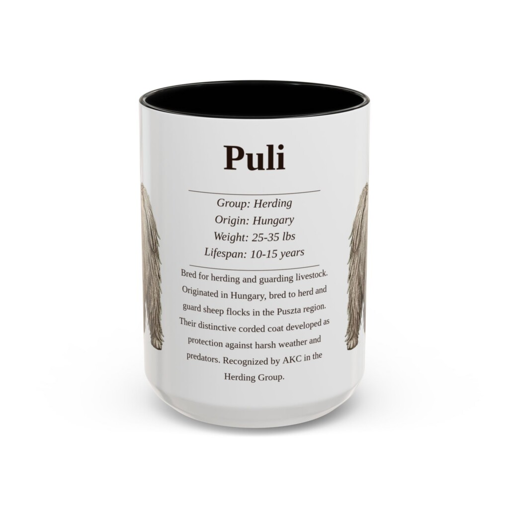 15oz Puli Mug, Illustrated Dog Breed Facts Coffee Mug, Vintage Dog Keepsake Gift