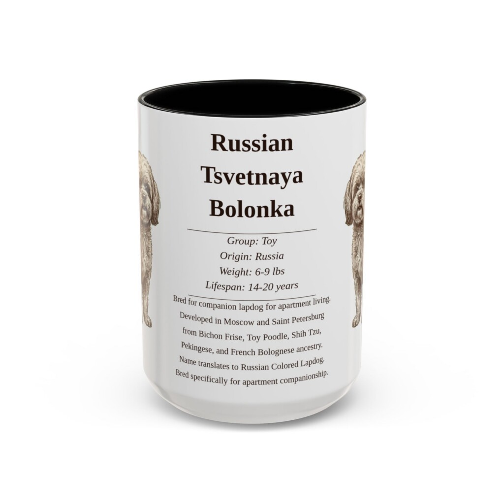 15oz Russian Tsvetnaya Bolonka Mug, Illustrated Dog Breed Facts Coffee Mug, Vintage Dog Keepsake Gift