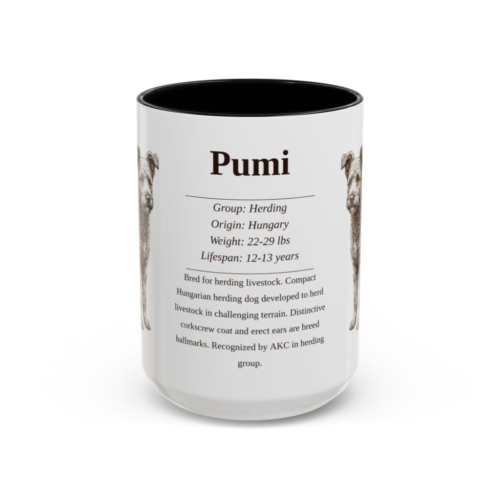 15oz Pumi Mug, Illustrated Dog Breed Facts Coffee Mug, Vintage Dog Keepsake Gift