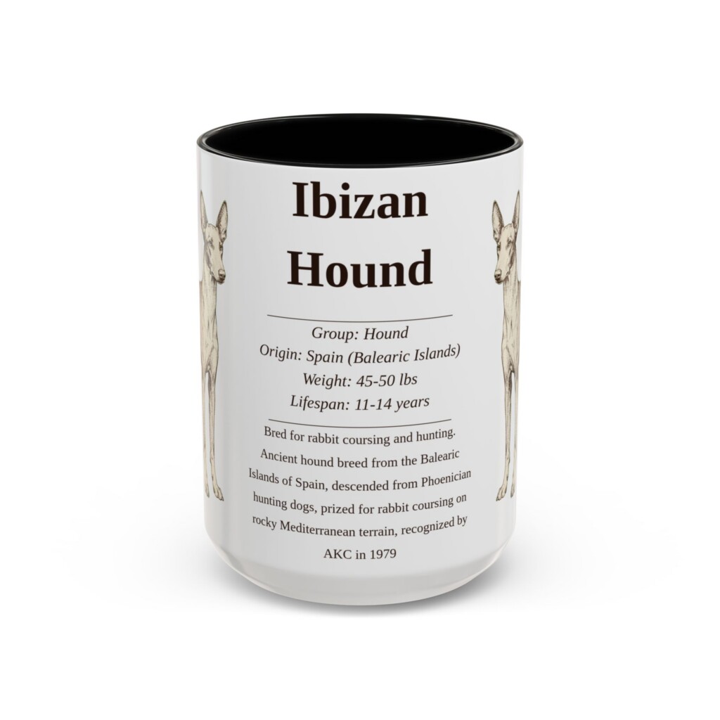 15oz Ibizan Hound Mug, Illustrated Dog Breed Facts Coffee Mug, Vintage Dog Keepsake Gift