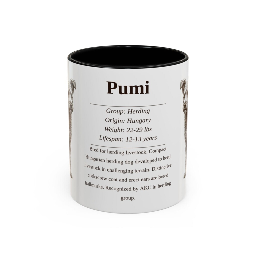 11oz Pumi Mug, Illustrated Dog Breed Facts Coffee Mug, Vintage Dog Keepsake Gift