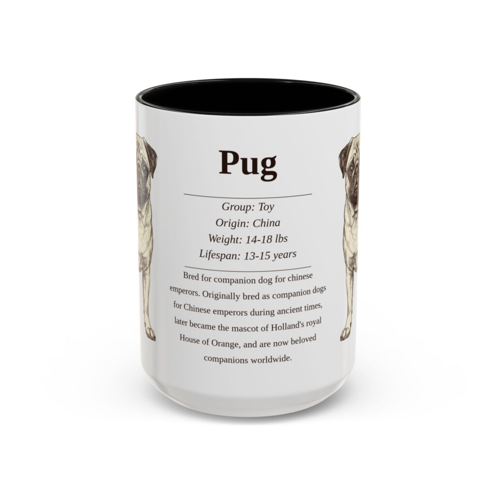 15oz Pug Mug, Illustrated Dog Breed Facts Coffee Mug, Vintage Dog Keepsake Gift