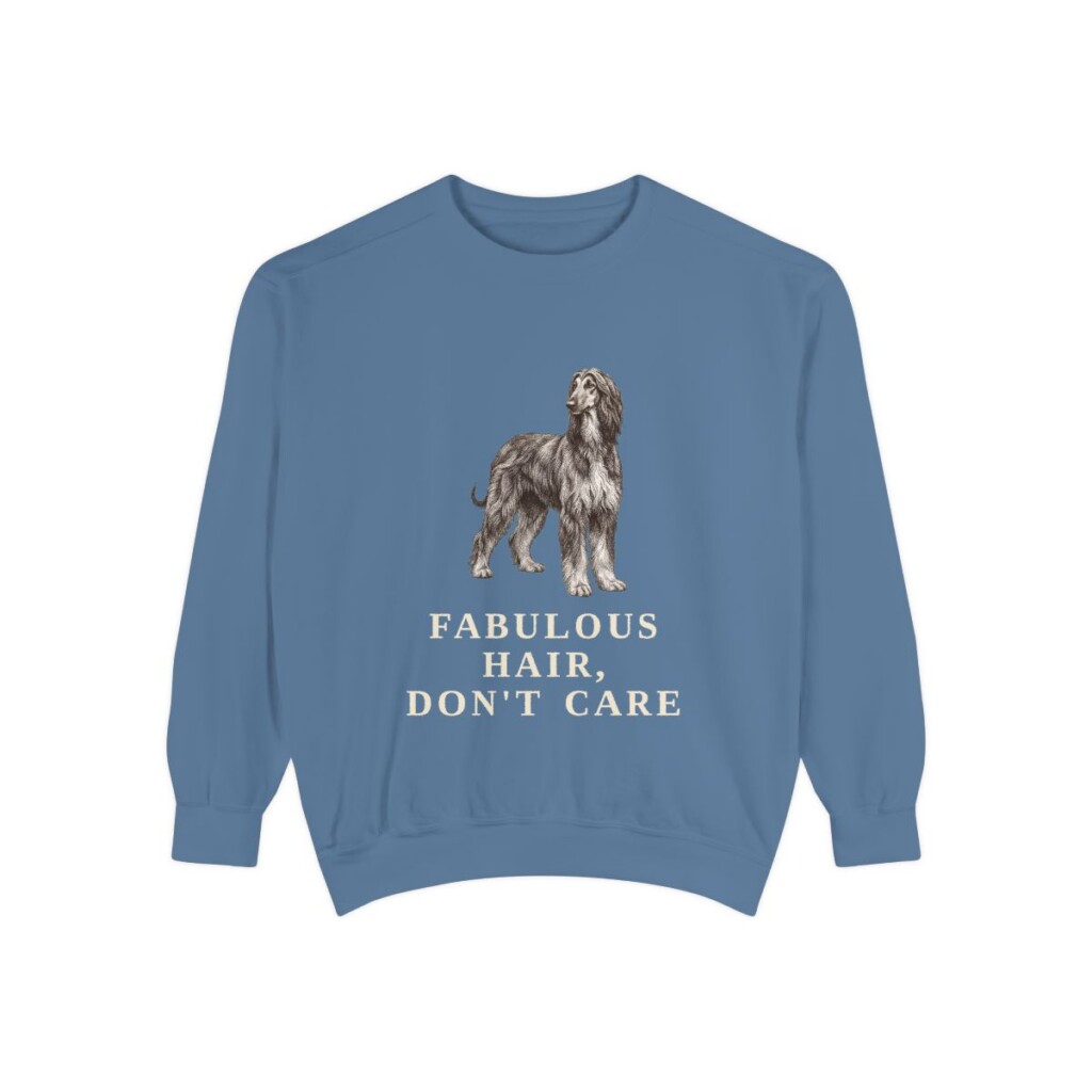 Afghan Hound Humor Sweatshirt, Blue Jean, front view