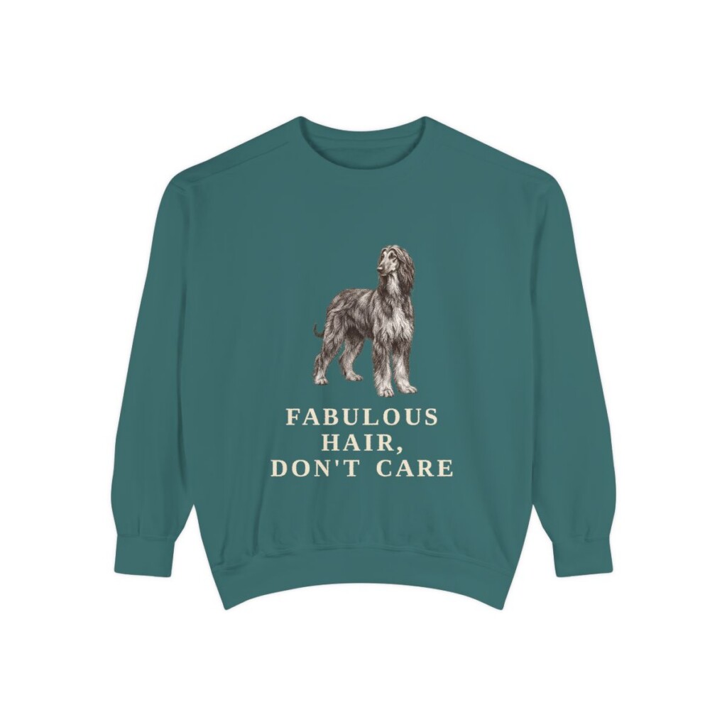 Afghan Hound Humor Sweatshirt, Blue Spruce, front view