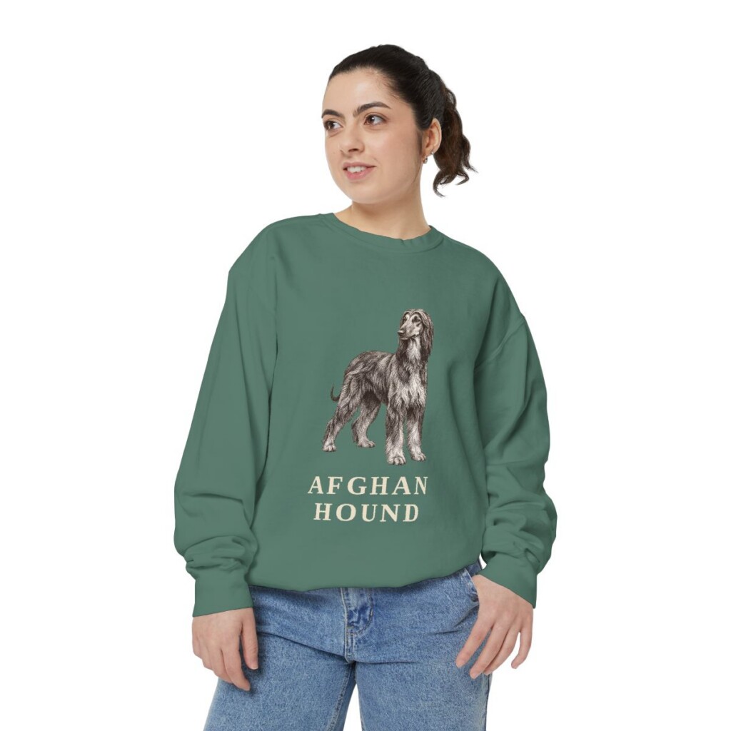 Afghan Hound Sweatshirt, Light Green, person 2 front