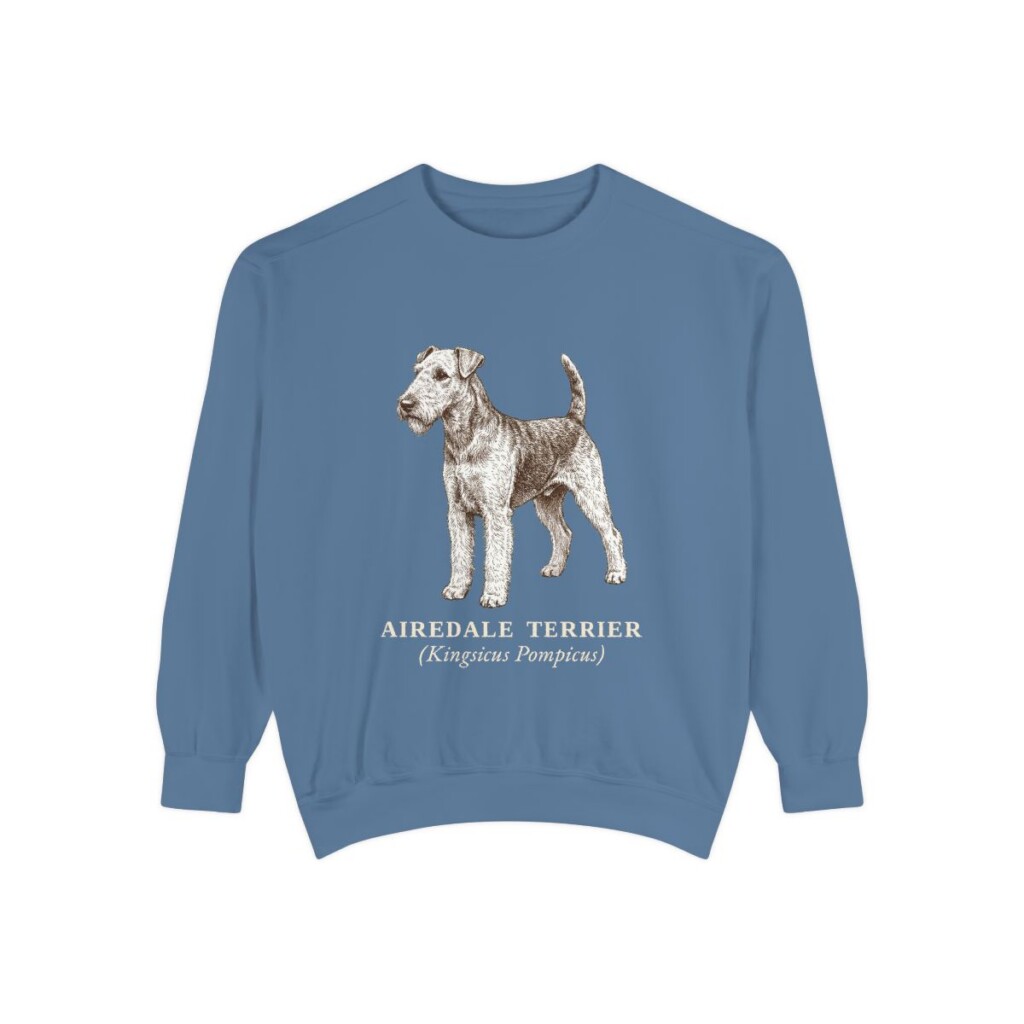airedale-terrier-sweatshirt-latin-blue-jean Airedale Terrier Latin Sweatshirt, Blue Jean, front view