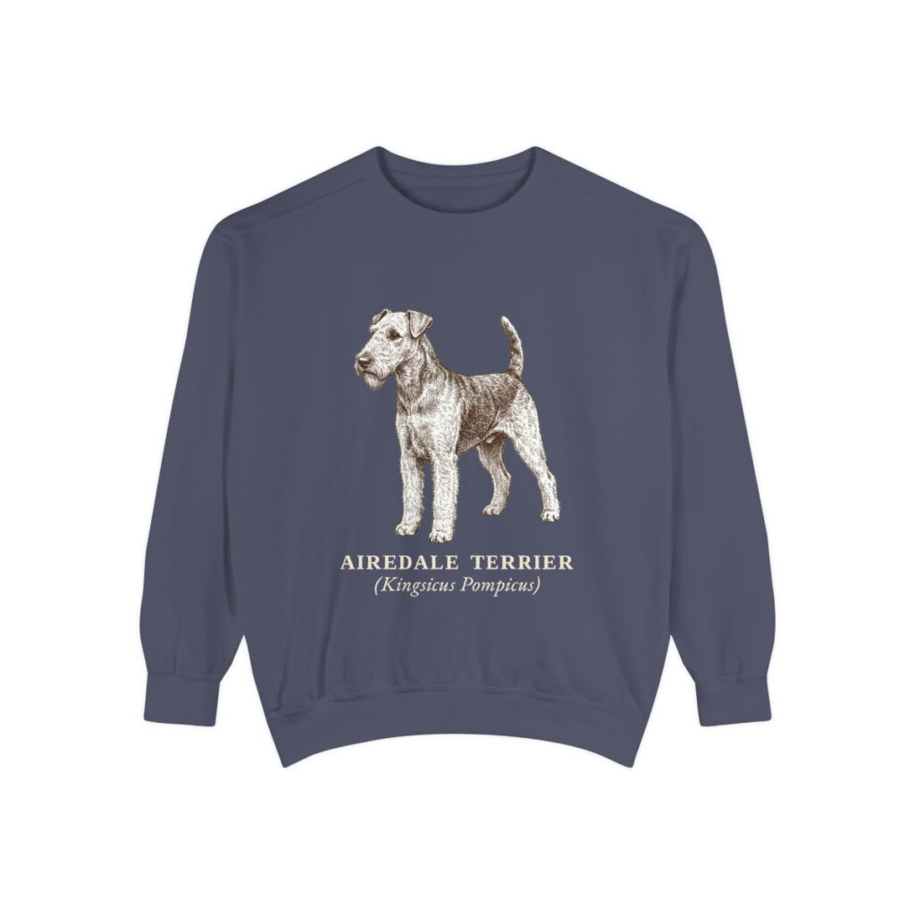 airedale-terrier-sweatshirt-latin-denim Airedale Terrier Latin Sweatshirt, Denim, front view