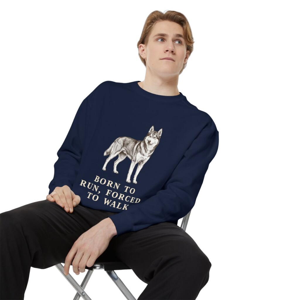 Alaskan Husky Humor Sweatshirt, True Navy, person 1 context