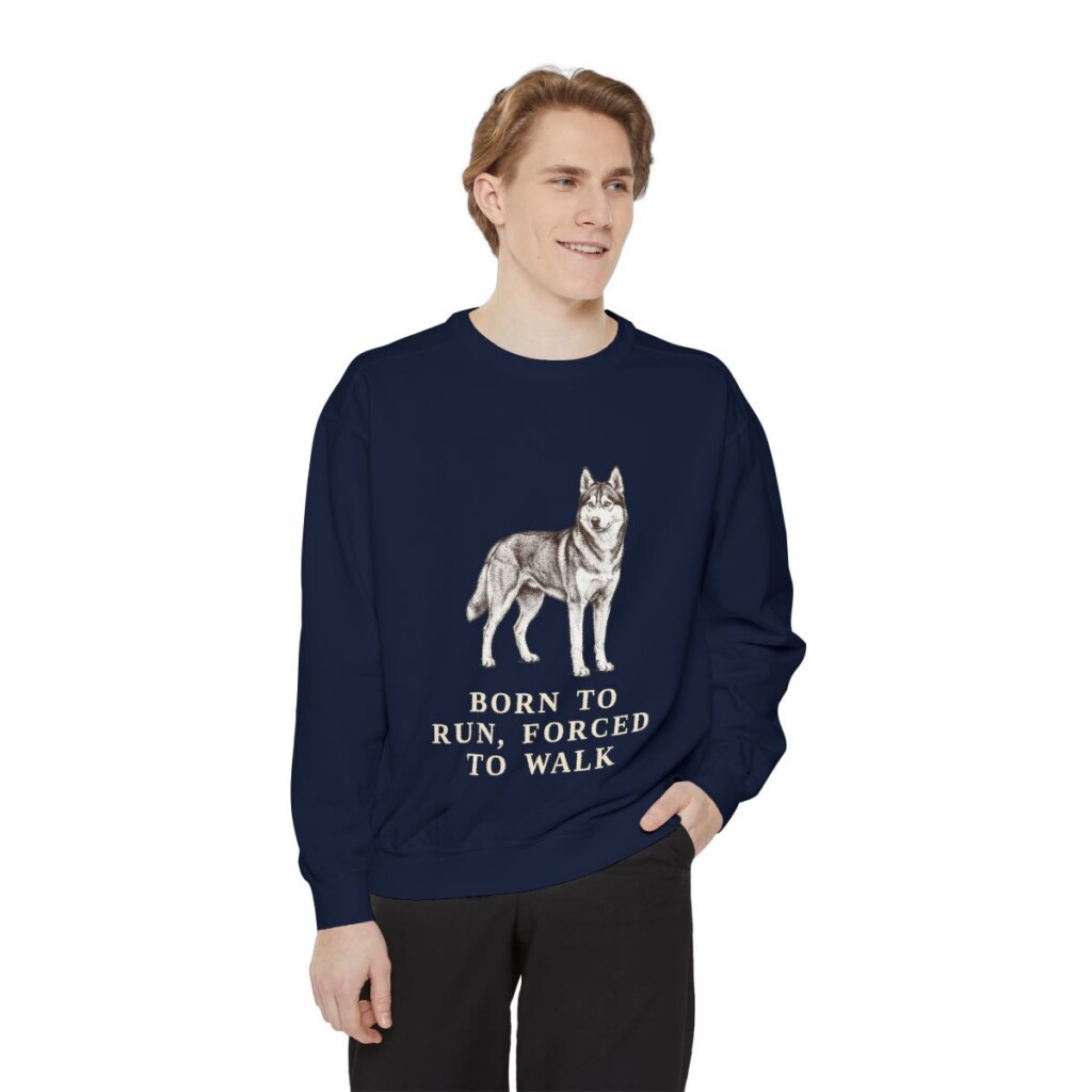 Alaskan Husky Humor Sweatshirt, True Navy, person 1 front