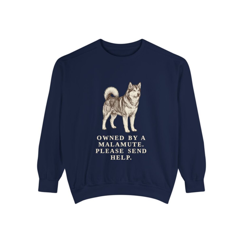 Alaskan Malamute Humor Sweatshirt, True Navy, front view