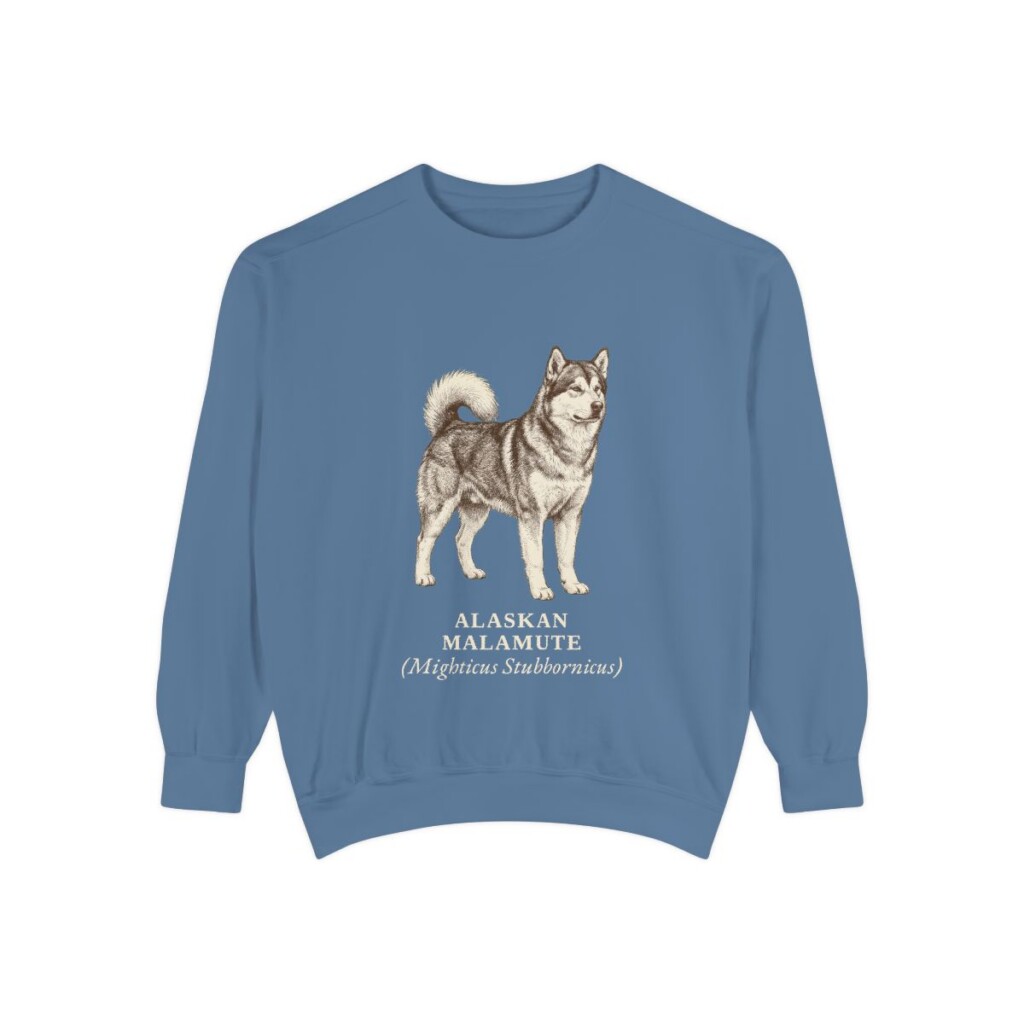 Alaskan Malamute Latin Sweatshirt, Blue Jean, front view