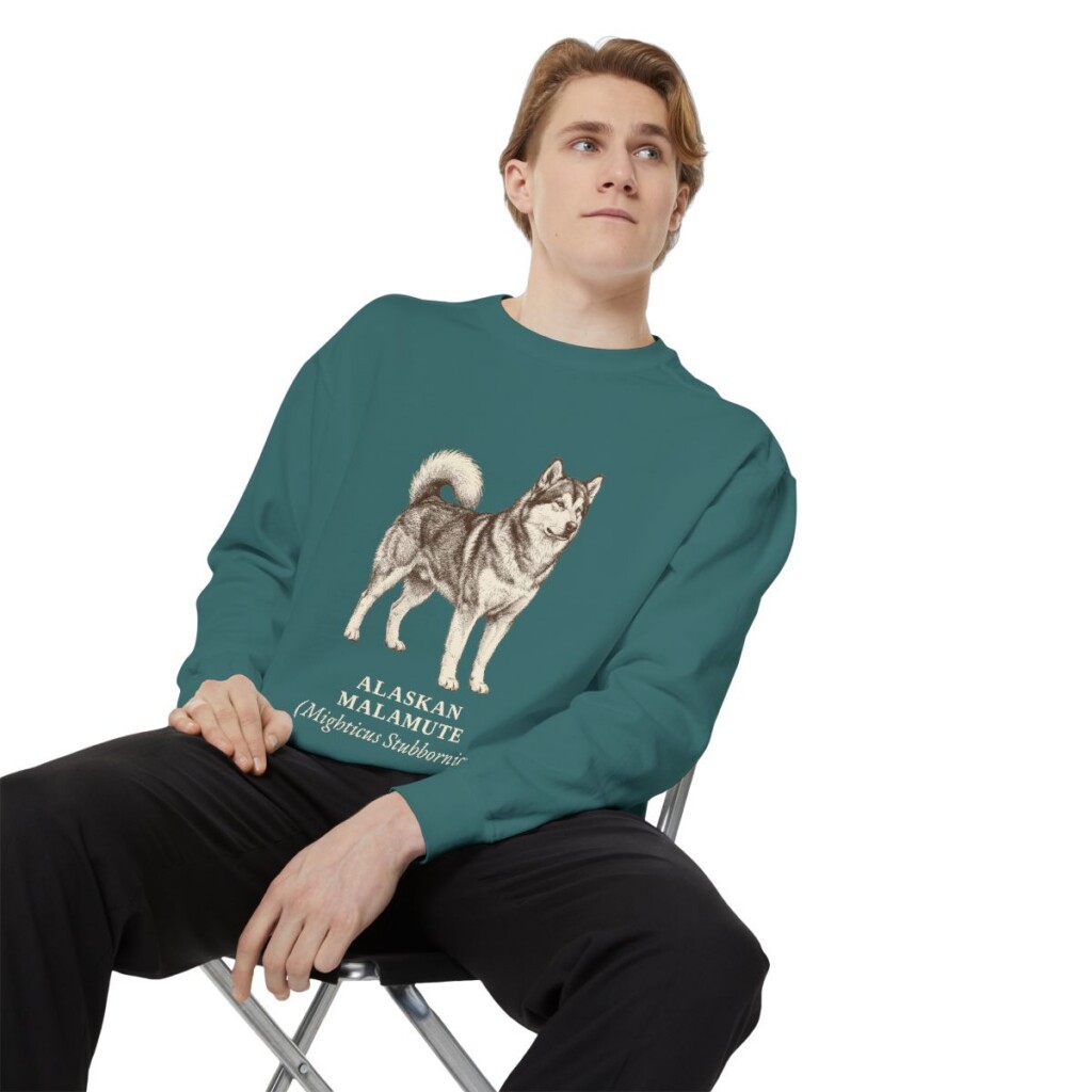 Alaskan Malamute Latin Sweatshirt, Blue Spruce, person 1 context