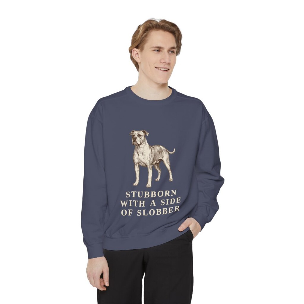 American Bulldog Humor Sweatshirt, Denim, person 1 front
