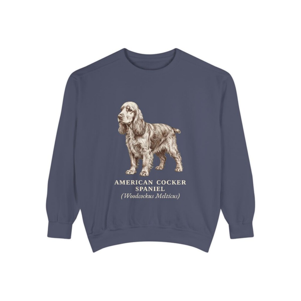 American Cocker Spaniel Latin Sweatshirt, Denim, front view