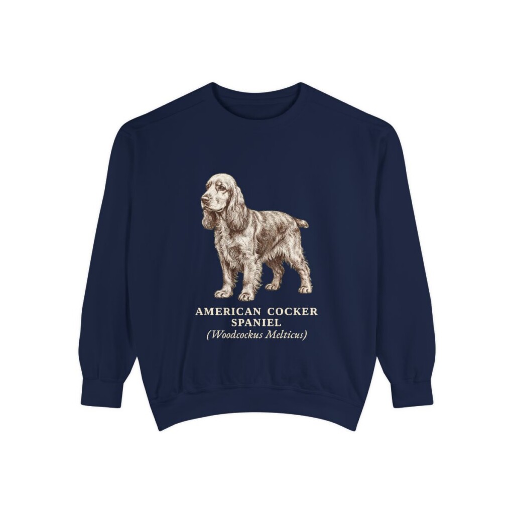American Cocker Spaniel Latin Sweatshirt, True Navy, front view