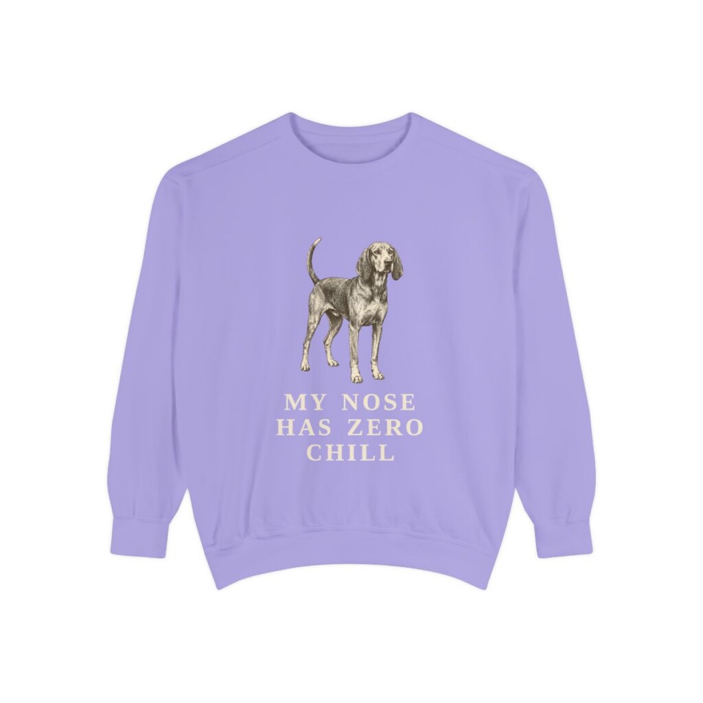 American English Coonhound Humor Sweatshirt, Violet, front view