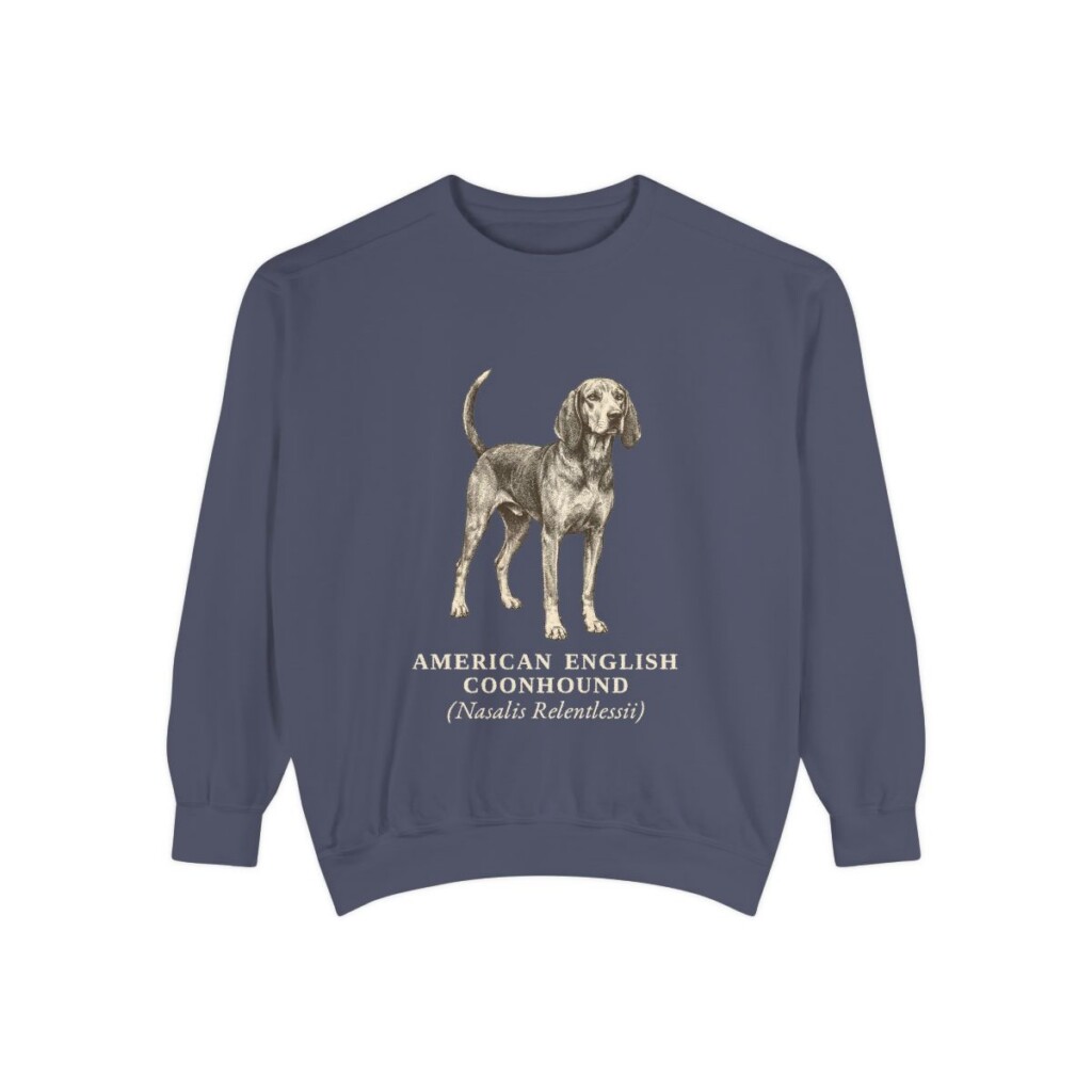 American English Coonhound Latin Sweatshirt, Denim, front view
