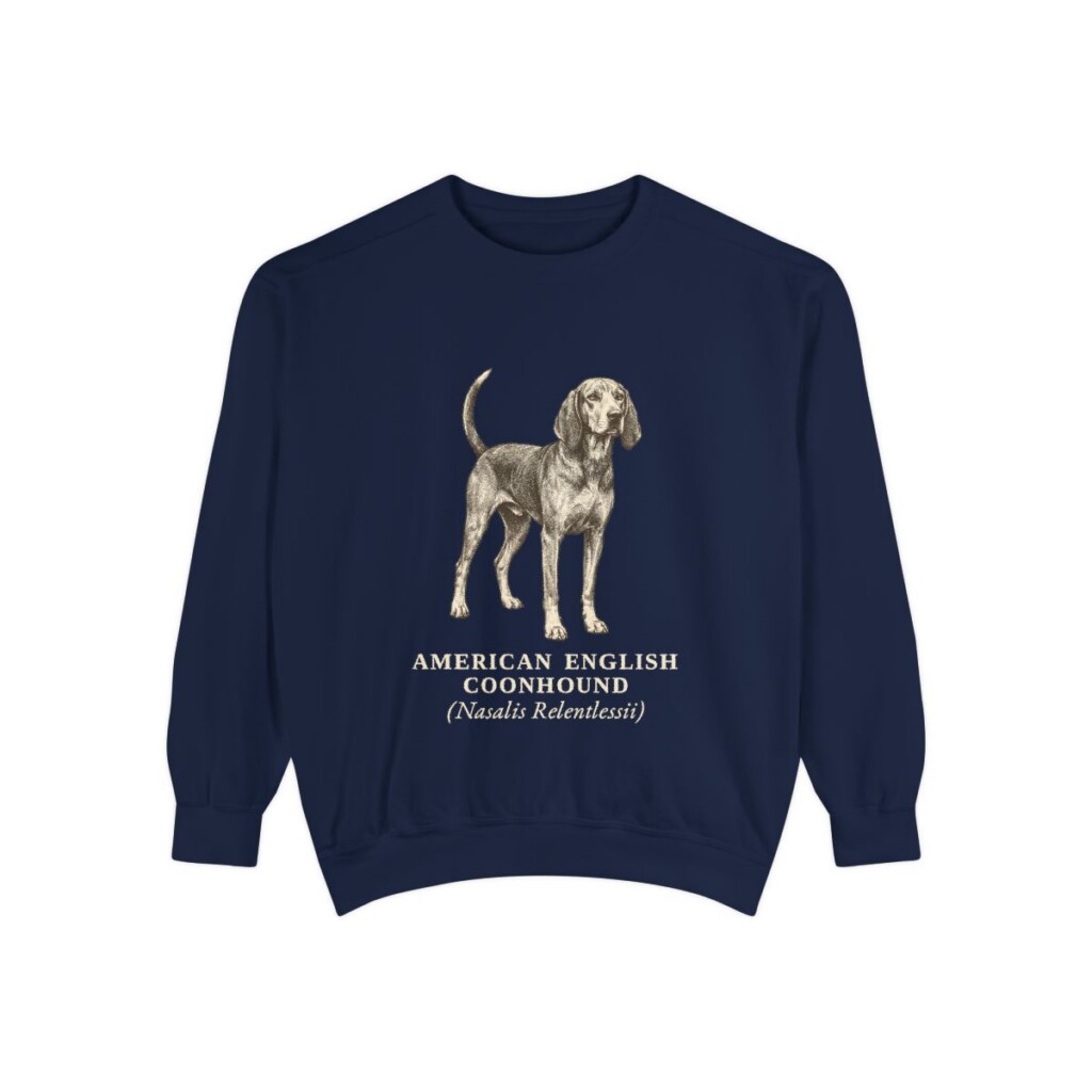 American English Coonhound Latin Sweatshirt, True Navy, front view
