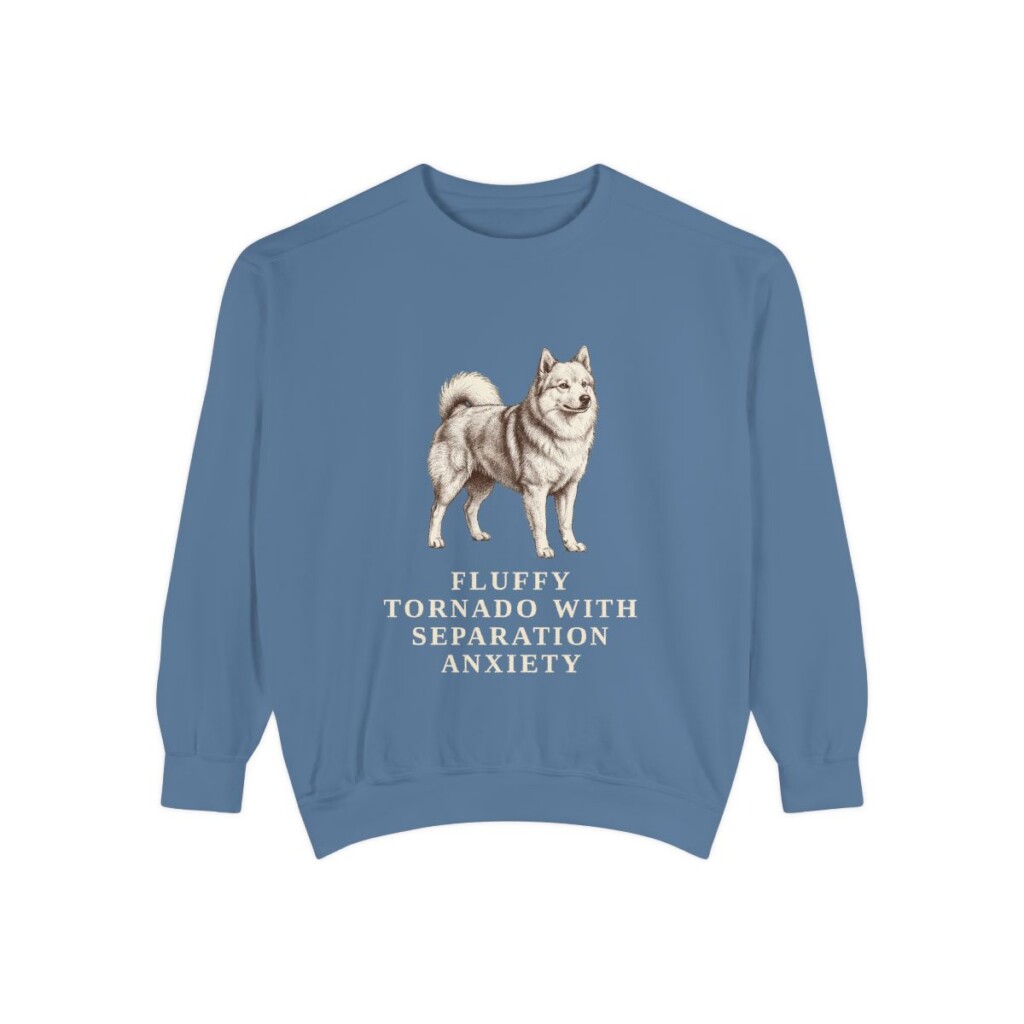 american-eskimo-dog-sweatshirt-humor-blue-jean American Eskimo Dog Humor Sweatshirt, Blue Jean, front view