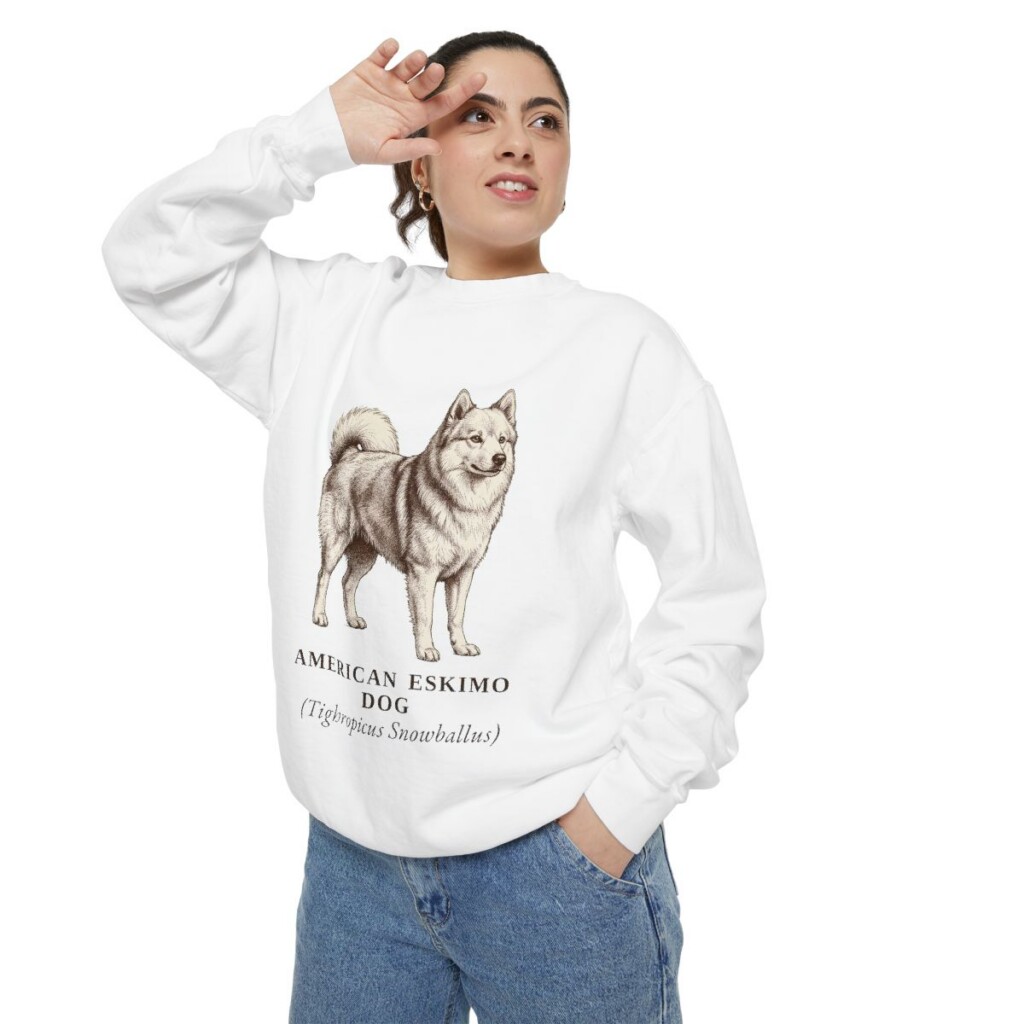 American Eskimo Dog Latin Sweatshirt, White, person 2 context