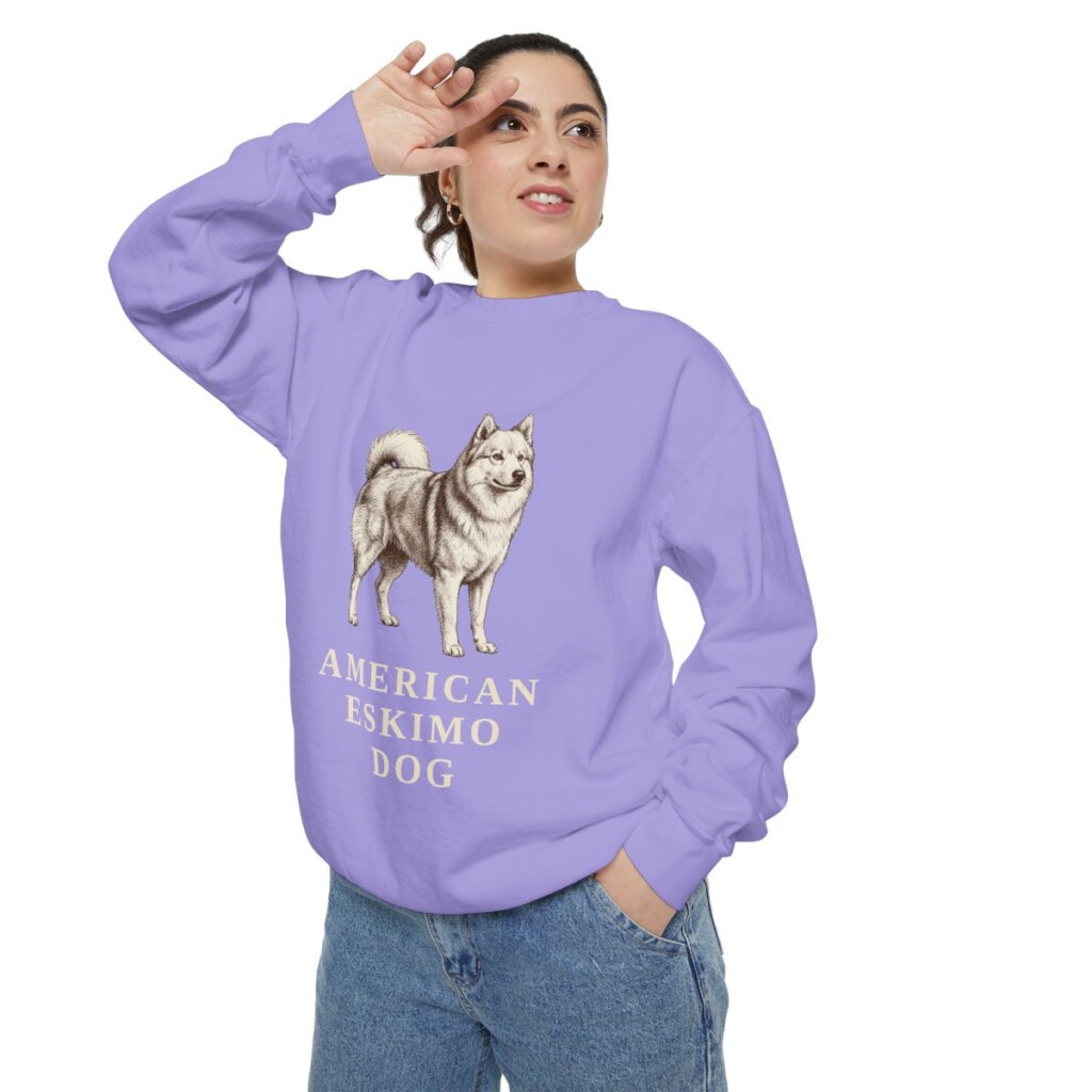 american-eskimo-dog-sweatshirt-violet-person-2-context American Eskimo Dog Sweatshirt, Violet, person 2 context