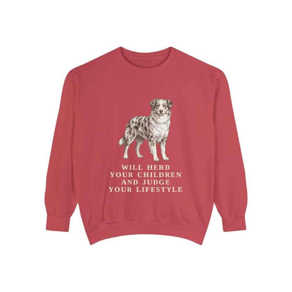 australian-shepherd-sweatshirt-humor-crimson Australian Shepherd Humor Sweatshirt, Crimson, front view