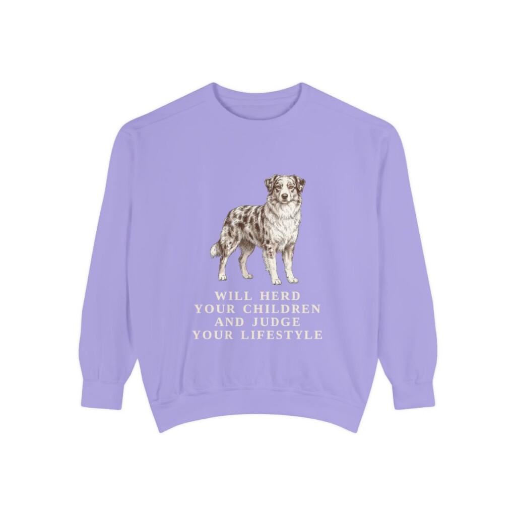 australian-shepherd-sweatshirt-humor-violet Australian Shepherd Humor Sweatshirt, Violet, front view