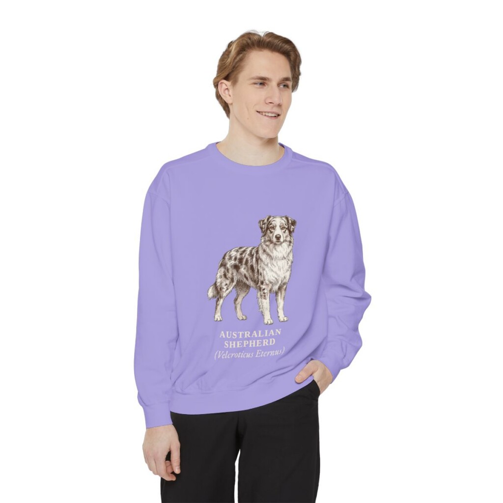 Australian Shepherd Latin Sweatshirt, Violet, person 1 front