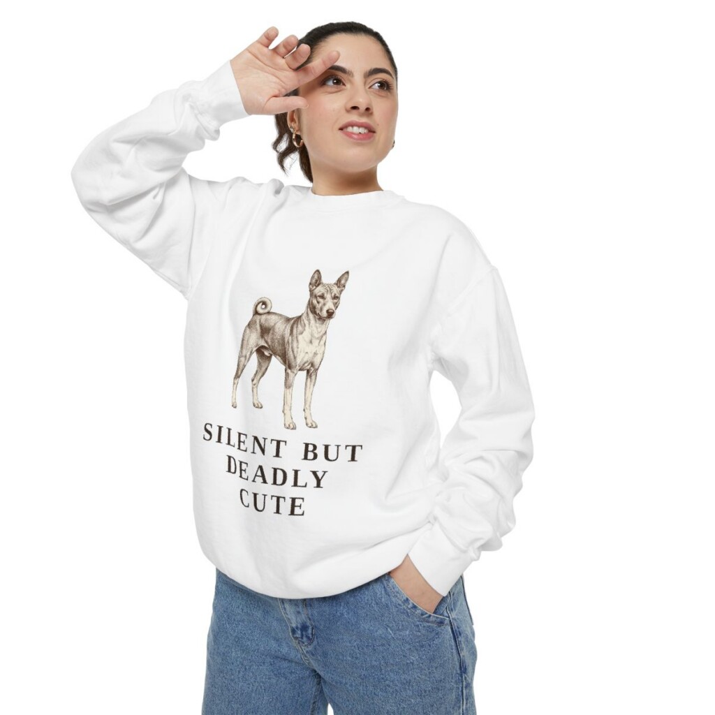 Basenji Humor Sweatshirt, White, person 2 context