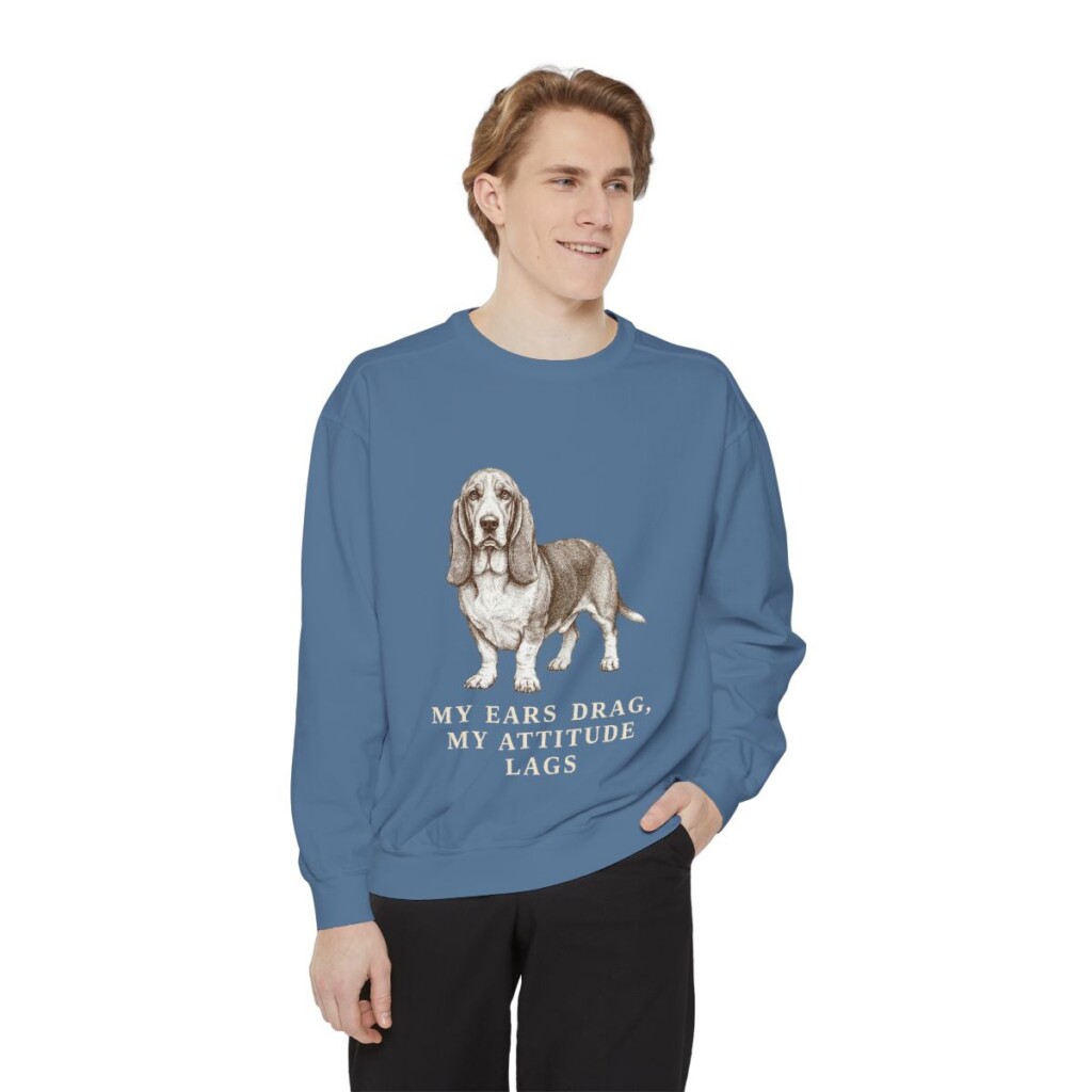 basset-hound-sweatshirt-humor-blue-jean-person-1-front Basset Hound Humor Sweatshirt, Blue Jean, person 1 front