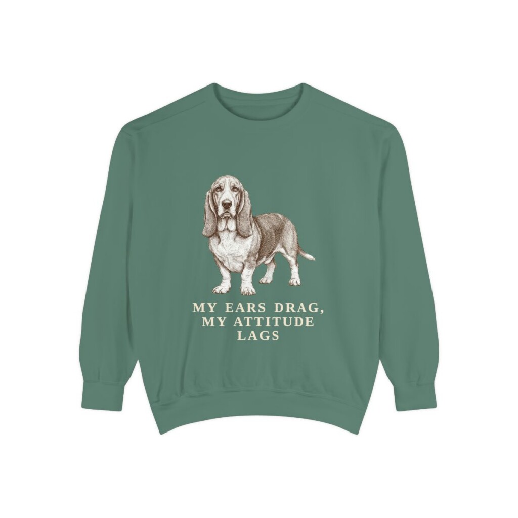 basset-hound-sweatshirt-humor-light-green Basset Hound Humor Sweatshirt, Light Green, front view