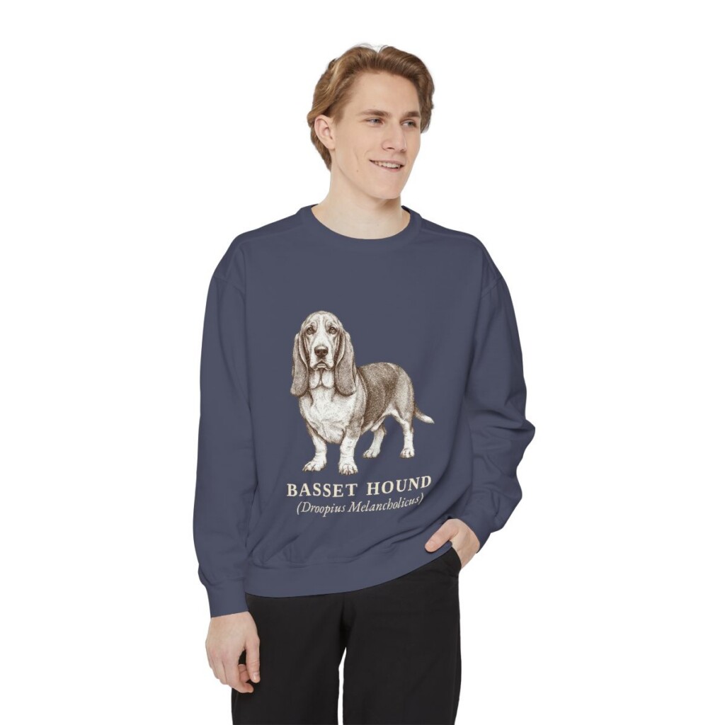 Basset Hound Latin Sweatshirt, Denim, person 1 front