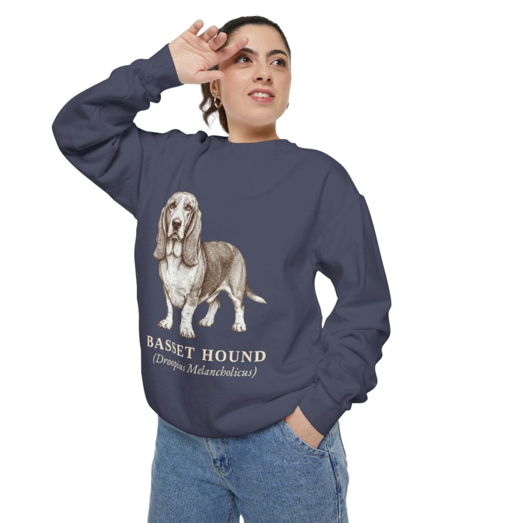 Basset Hound Latin Sweatshirt, Denim, person 2 context