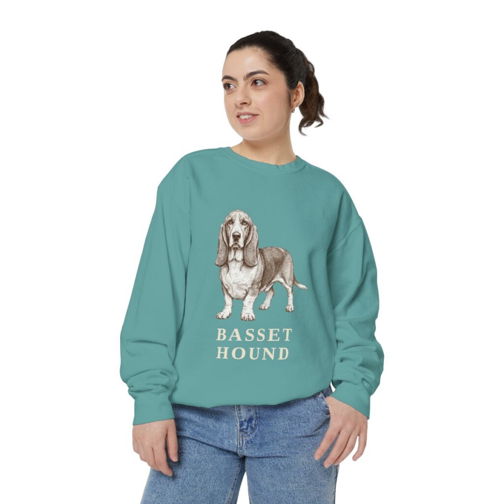 Basset Hound Sweatshirt, Seafoam, person 2 front