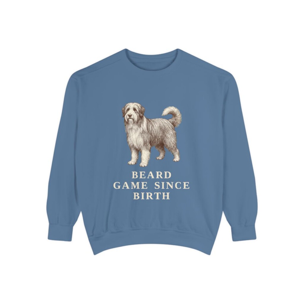 Bearded Collie Humor Sweatshirt, Blue Jean, front view