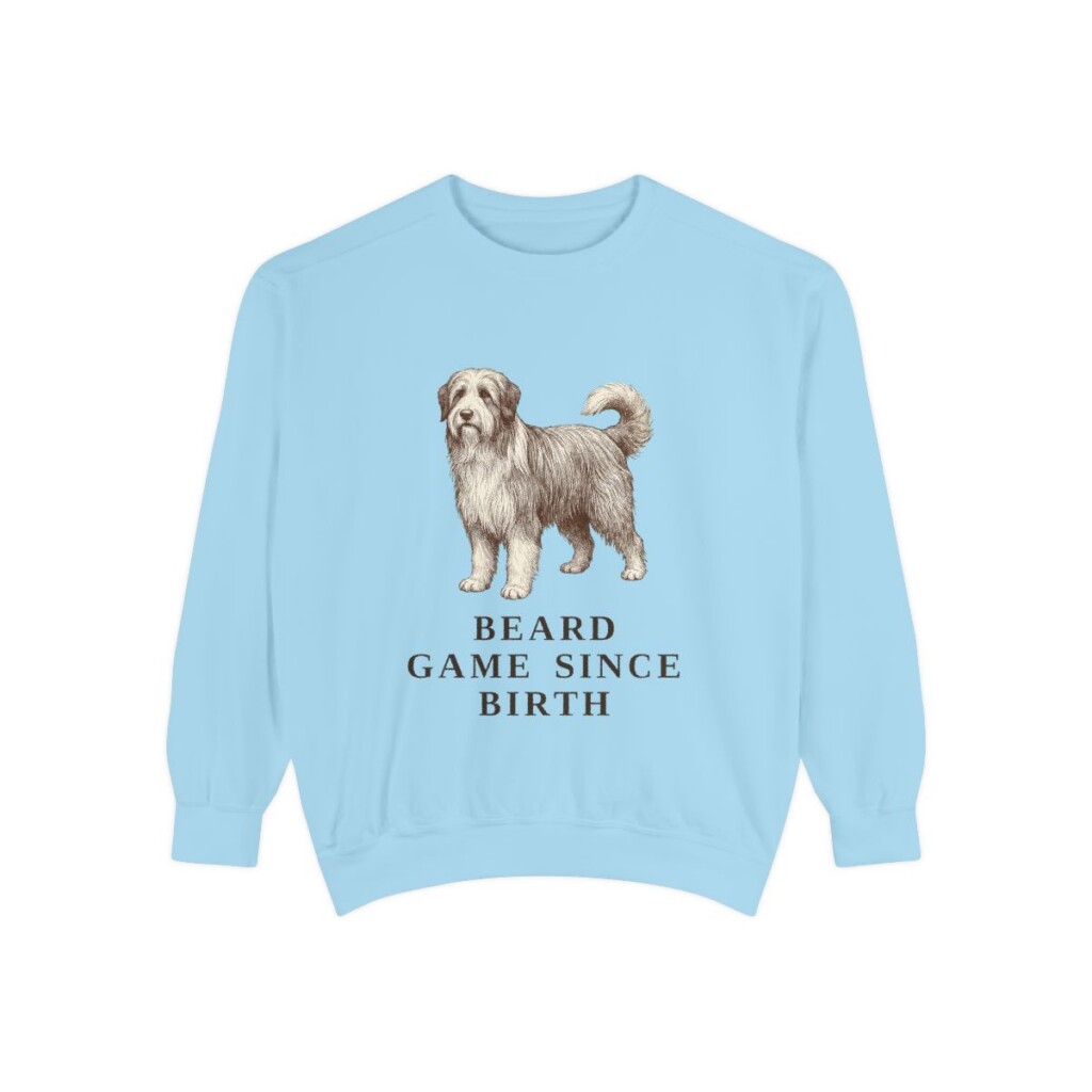 Bearded Collie Humor Sweatshirt, Chambray, front view