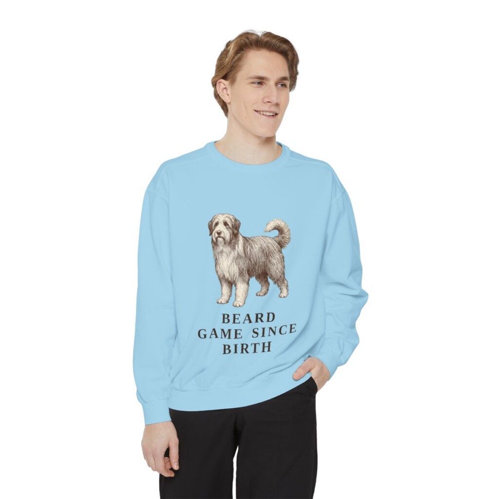Bearded Collie Humor Sweatshirt, Chambray, person 1 front
