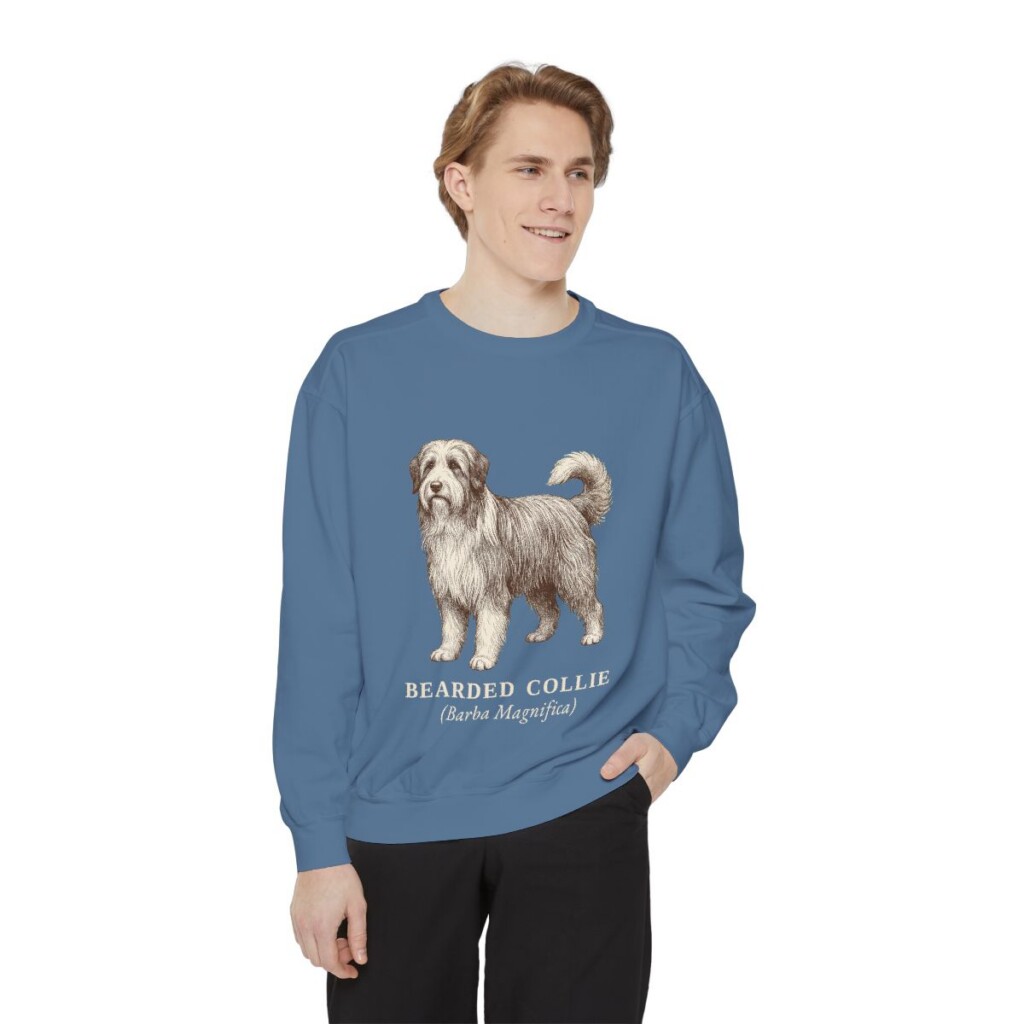 Bearded Collie Latin Sweatshirt, Blue Jean, person 1 front
