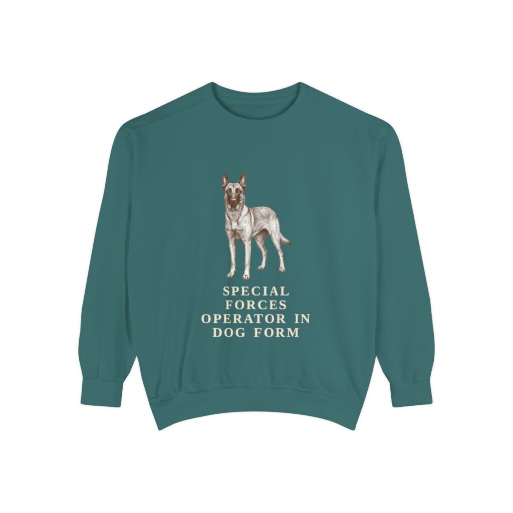 Belgian Malinois Humor Sweatshirt, Blue Spruce, front view