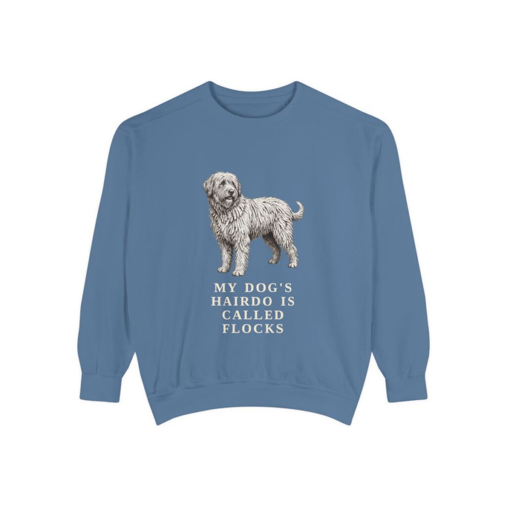 bergamasco-sheepdog-sweatshirt-humor-blue-jean Bergamasco Sheepdog Humor Sweatshirt, Blue Jean, front view