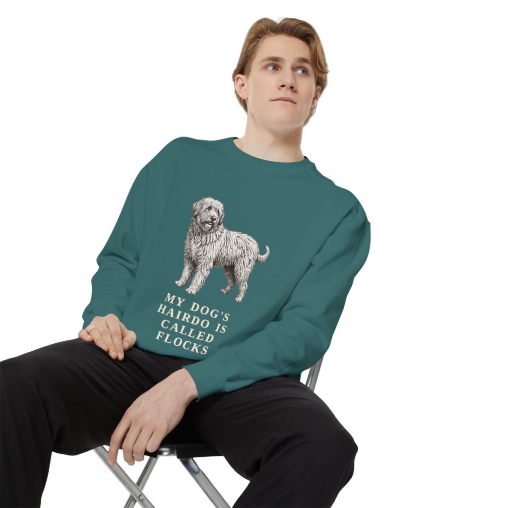 bergamasco-sheepdog-sweatshirt-humor-blue-spruce-person-1-context Bergamasco Sheepdog Humor Sweatshirt, Blue Spruce, person 1 context