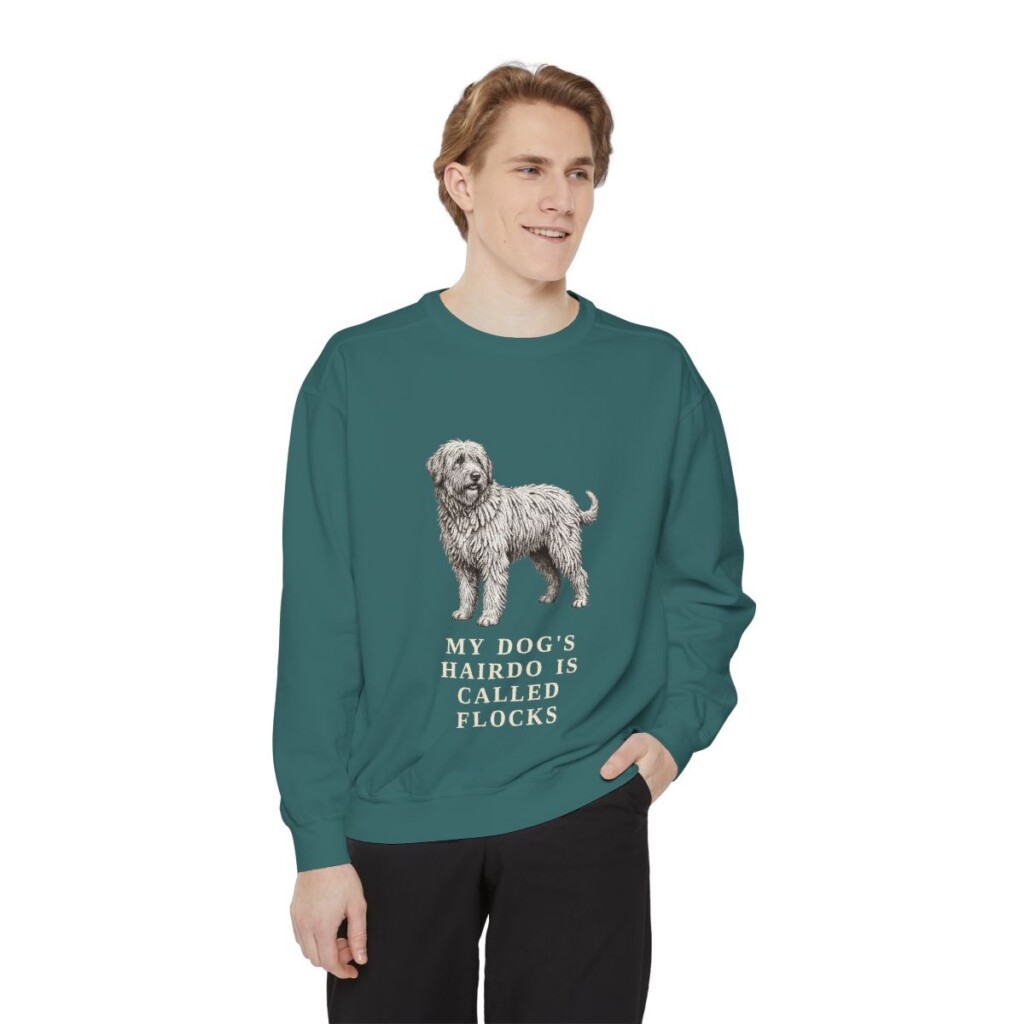 bergamasco-sheepdog-sweatshirt-humor-blue-spruce-person-1-front Bergamasco Sheepdog Humor Sweatshirt, Blue Spruce, person 1 front
