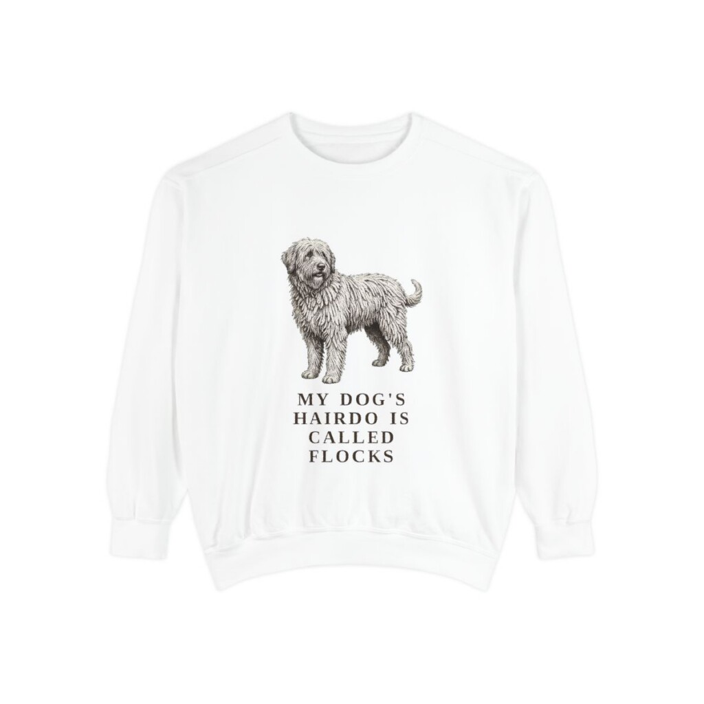 bergamasco-sheepdog-sweatshirt-humor-white Bergamasco Sheepdog Humor Sweatshirt, White, front view