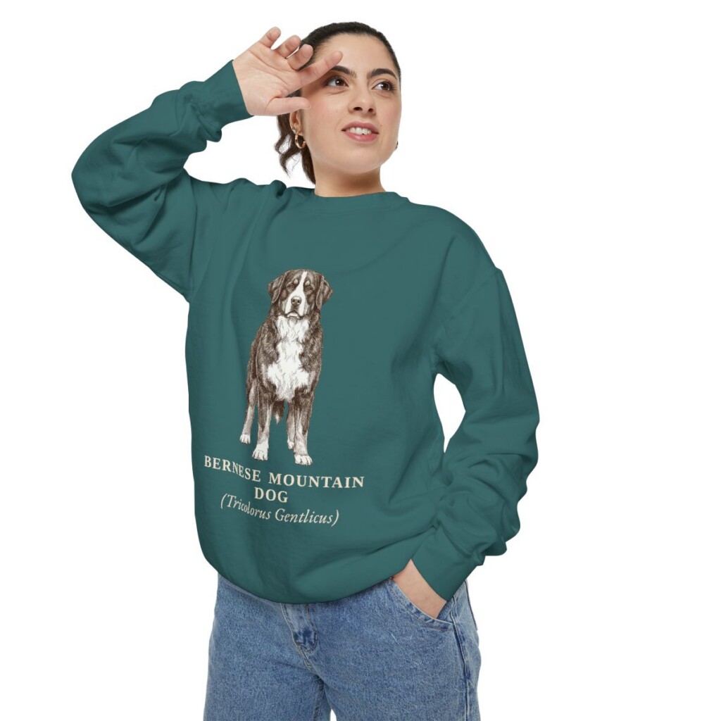 Bernese Mountain Dog Latin Sweatshirt, Blue Spruce, person 2 context