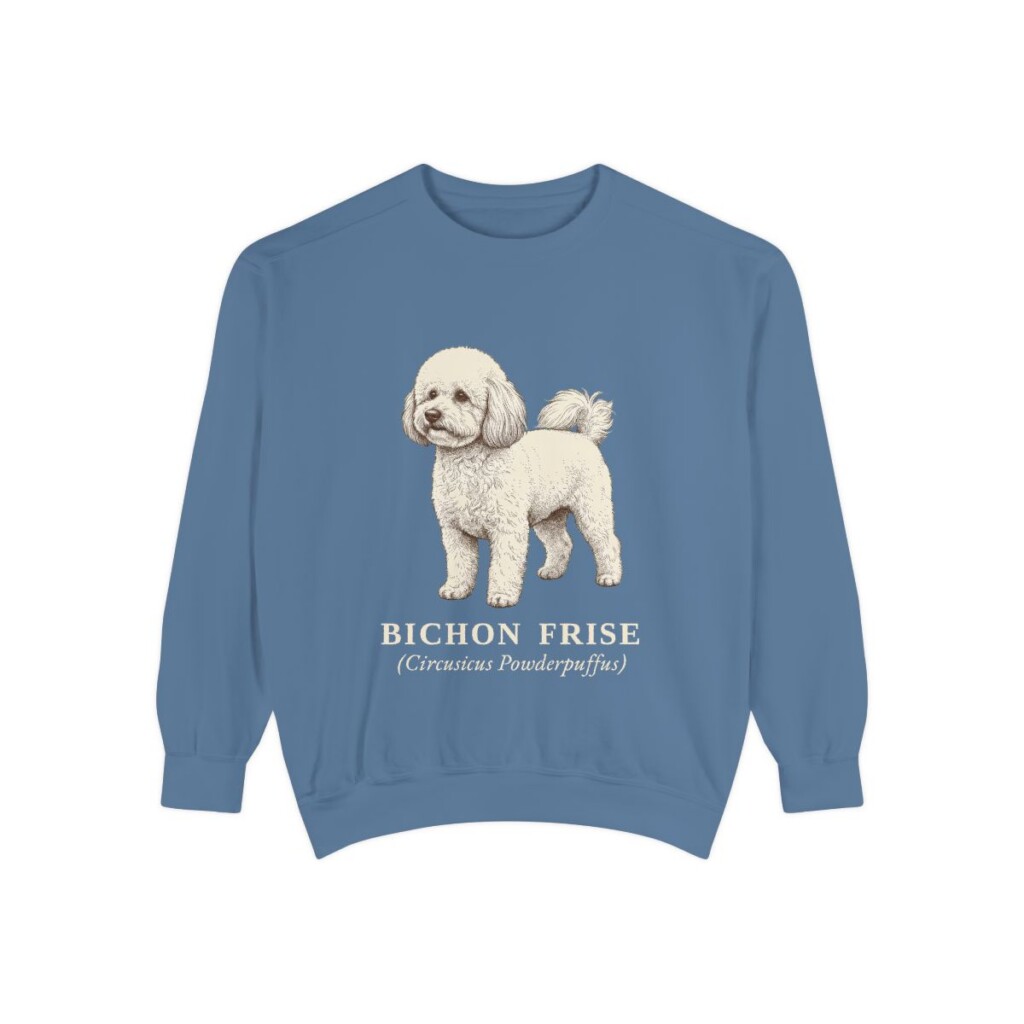 Bichon Frise Latin Sweatshirt, Blue Jean, front view