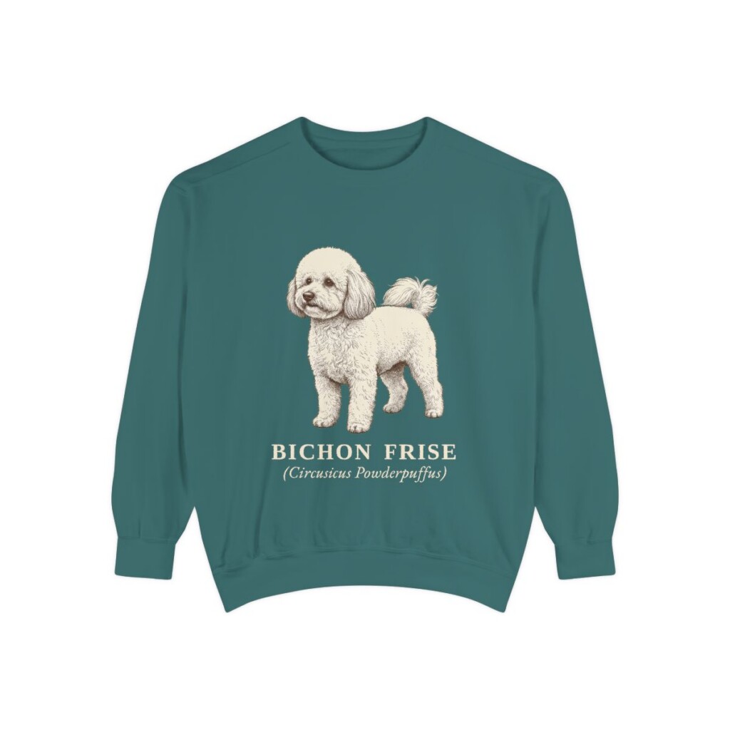 Bichon Frise Latin Sweatshirt, Blue Spruce, front view