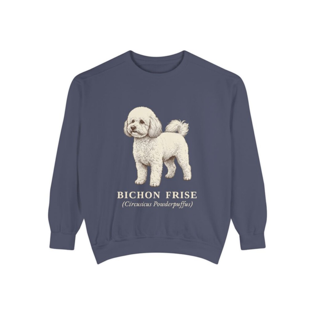 Bichon Frise Latin Sweatshirt, Denim, front view